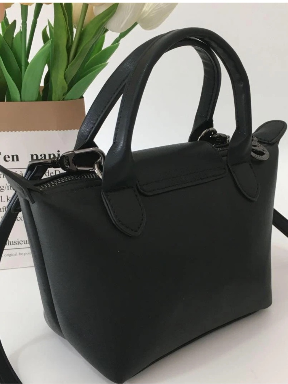 NWOT Longchamp Le Pliage  Mini Top-Handle Crossbody Black/Silver Hardware - Picture 4 of 15